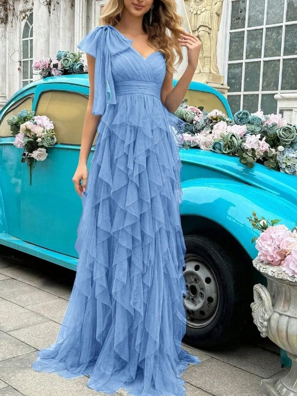 Blue Party Women's Elegant Asymmetric Neckline one shoulder Formal Dress